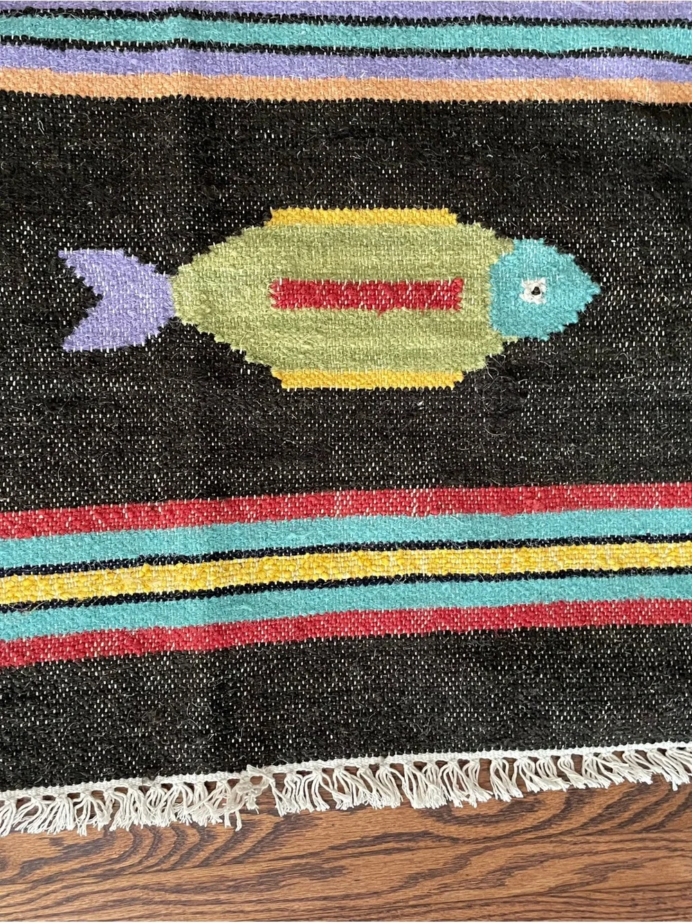 Woven 2x3 Fish Motifs Accent Kilim Rug Black Multicolor Striped with Fringe